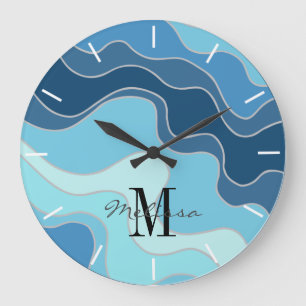 Grande Horloge Ronde Artistic Blue Ocean Waves Beach Monogramme