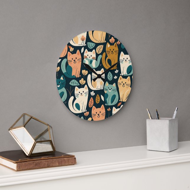 Grande Horloge Ronde Artsy Chat Motif mignonne (Bureau)