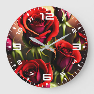 Grande Horloge Ronde Artwork numérique Fleurs de rose rouge-58567