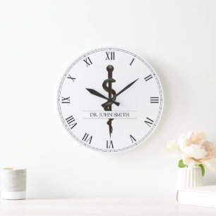 Grande Horloge Ronde Asclepius Médicale professionnel Noir Blanc Simple