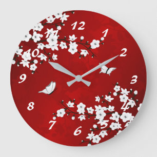 Grande Horloge Ronde Asie Floral Blanc Cerisier Fleur Rouge Numéros