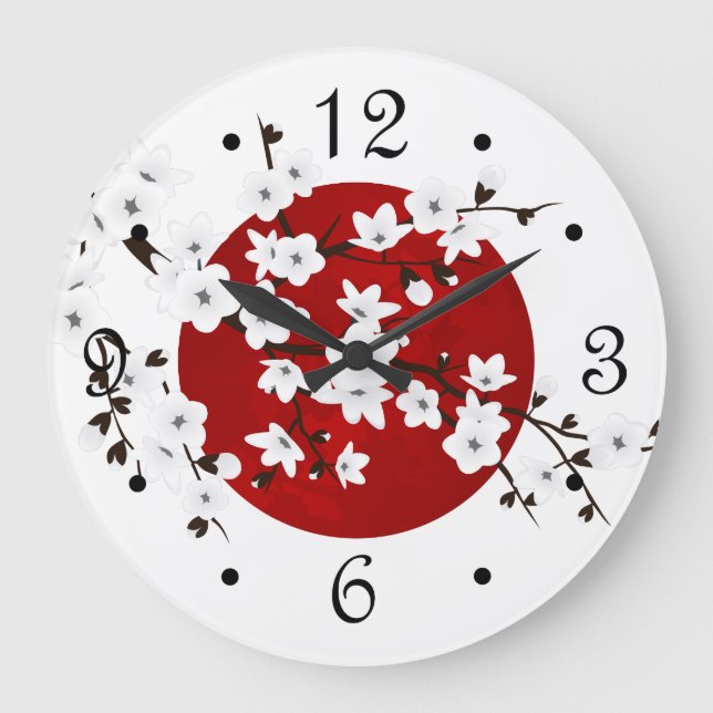 Grande Horloge Ronde Asie Floral blanc cerisier rouge (Recto)