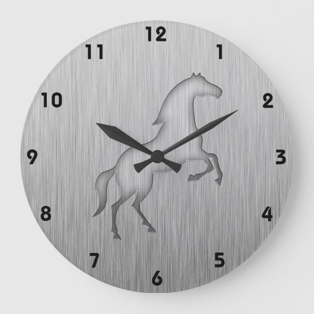 Grande Horloge Ronde Aspect métal brossé Cheval (Recto)