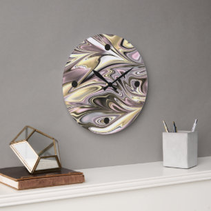 Grande Horloge Ronde Assez Or Argent Gris Rose Vagues Motif Artistique