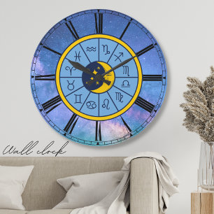 Grande Horloge Ronde astrologie zodiaque bleu céleste chiffres romains