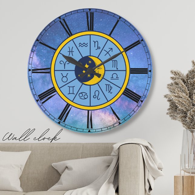 Grande Horloge Ronde astrologie zodiaque bleu céleste chiffres romains (Créateur téléchargé)