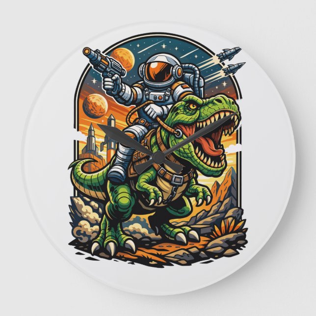 Grande Horloge Ronde Astronaut Riding a T-Rex – Epic Space Dinosaur (Recto)