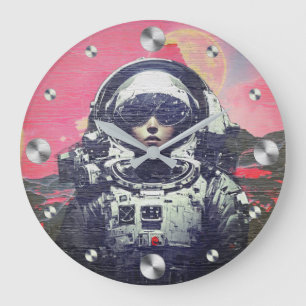 Grande Horloge Ronde Astronaute Cyberpunk - Espace Néon Rose