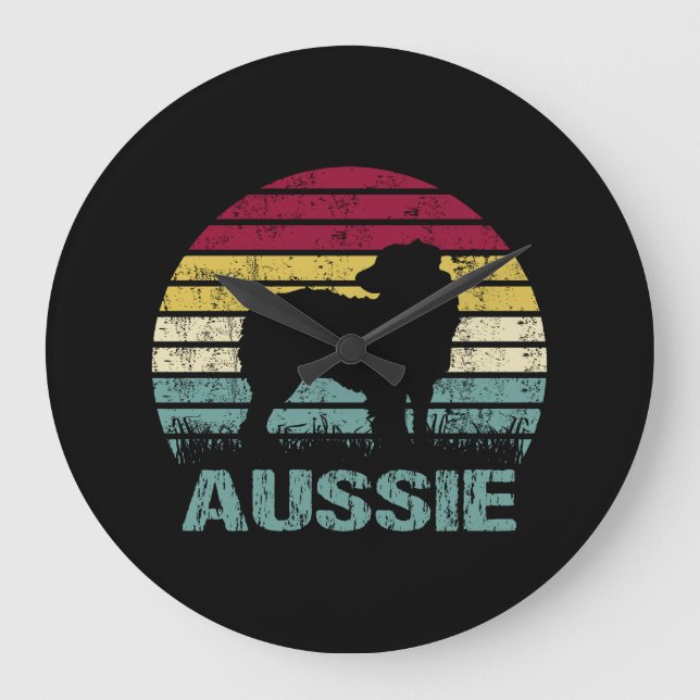 Grande Horloge Ronde Aussie Australian Shepherd Retro Silhouette (Recto)