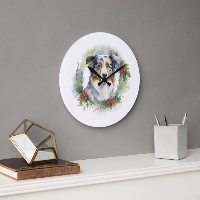 Grande Horloge Ronde Australian Shepherd Christmas Wreath Festive Pup (Bureau)