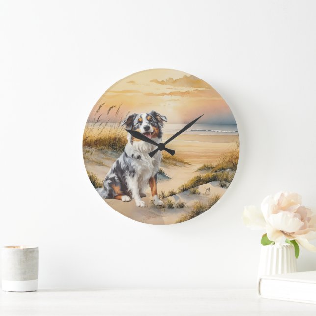 Grande Horloge Ronde Australian Shepherd in a Beach Cove (Maison)