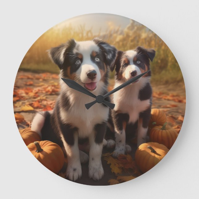 Grande Horloge Ronde Australian Shepherd Puppy Citrouille de plaisir d' (Recto)