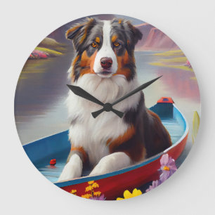 Grande Horloge Ronde Australian Shepherd sur une pagaie : Une aventure