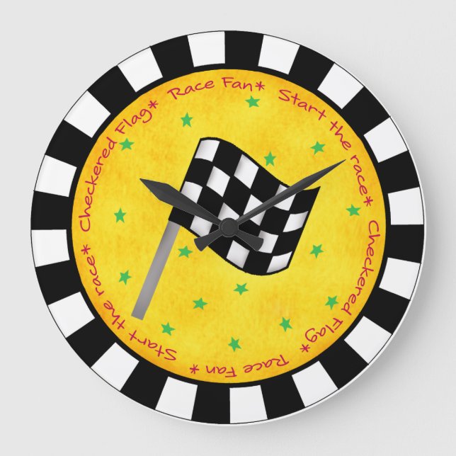 Grande Horloge Ronde Auto Race Fan À damiers Drapeau noir Jaune Personn (Recto)