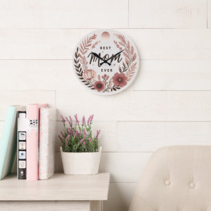 Grande Horloge Ronde Autocollant Élégant Boho Meilleure Maman - Fleurs