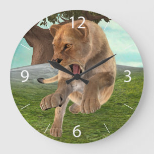 Grande Horloge Ronde Aventure artistique de lionne féroce dans la jungl