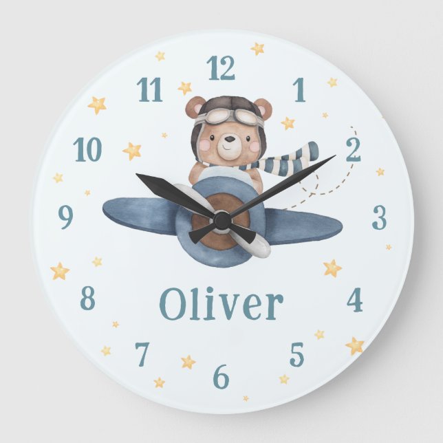 Grande Horloge Ronde Aventure Aviation Ourson Bleu Avion (Recto)