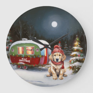 Grande Horloge Ronde Aventure de Noël en caravane avec Golden Retriever