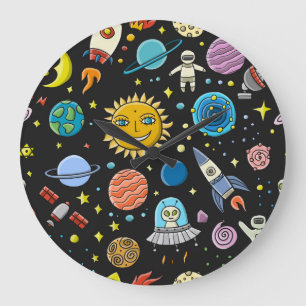 Grande Horloge Ronde Aventure spatiale : planètes, motif de fusées.