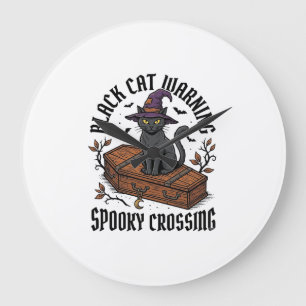 Grande Horloge Ronde Avertissement Chat Noir Halloween Sorcière Vintage