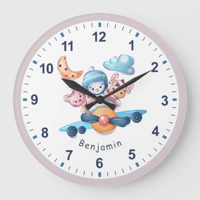 Grande Horloge Ronde Aviateur Toy Airplane Cute Animals Kid's Room Blue (Recto)
