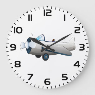 Grande Horloge Ronde Avion à hélice de dessin animé blanc style rétro v