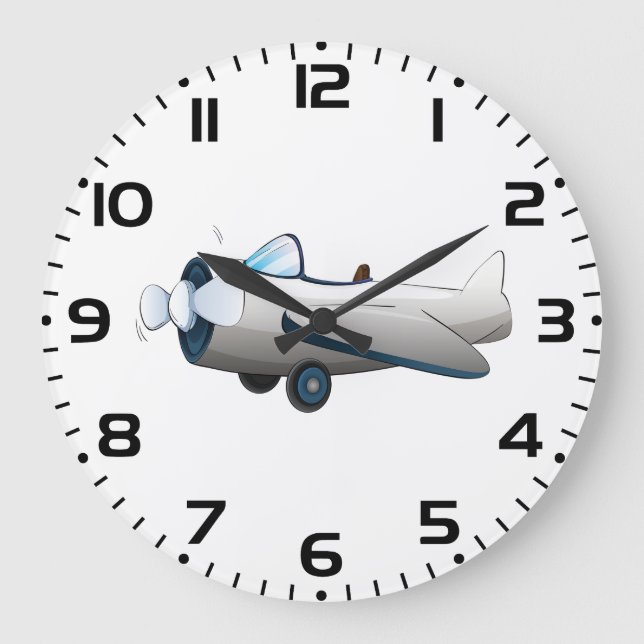 Grande Horloge Ronde Avion à hélice en cartoon blanc de style rétro vin (Recto)