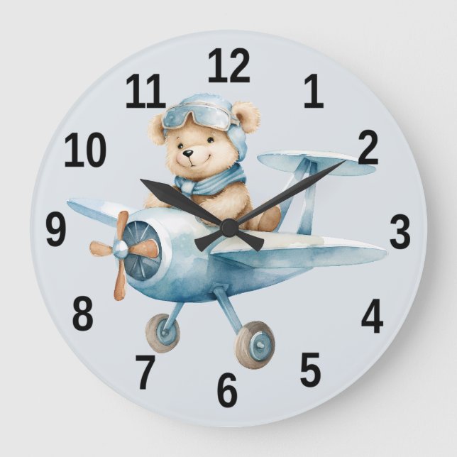 Grande Horloge Ronde Avion Happy Blue Bear Pilote (Recto)