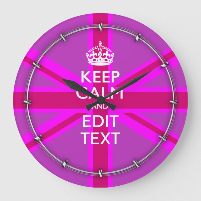 Grande Horloge Ronde Avoir votre texte Keep Calm sur Union Jack rose (Recto)