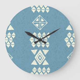 Grande Horloge Ronde Aztec Ethnique : Bleu Géométrique Sans Mer.