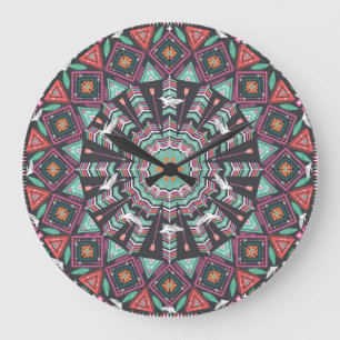 Grande Horloge Ronde Aztec géométrique : Motif circulaire coloré