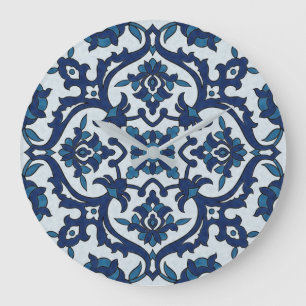 Grande Horloge Ronde Azulejos Floral Carrelage Motif