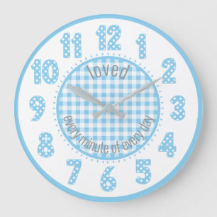 Grande Horloge Ronde Baby Blue Gingham Polka Dot Numbers Nursery Clock