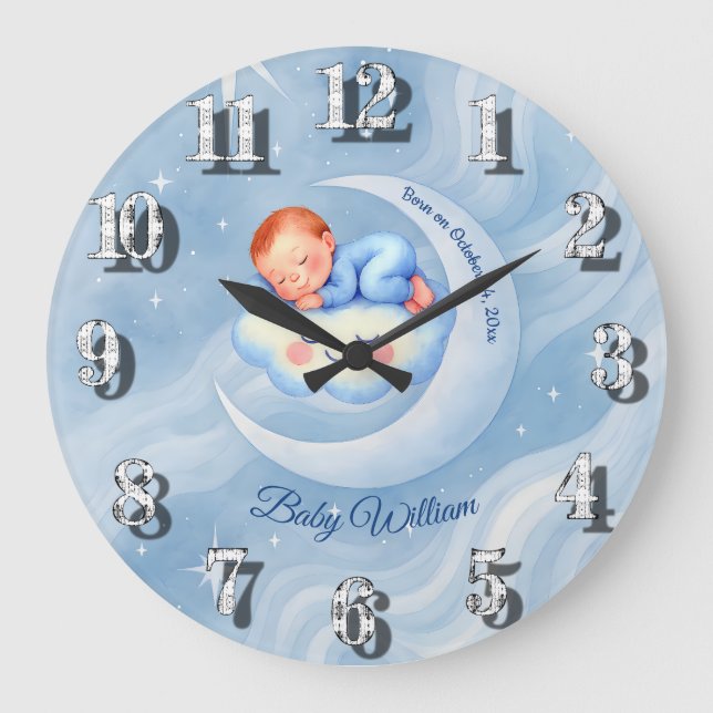 Grande Horloge Ronde Baby Boy Douche Invitation Lune Étoiles Aquarelle (Recto)