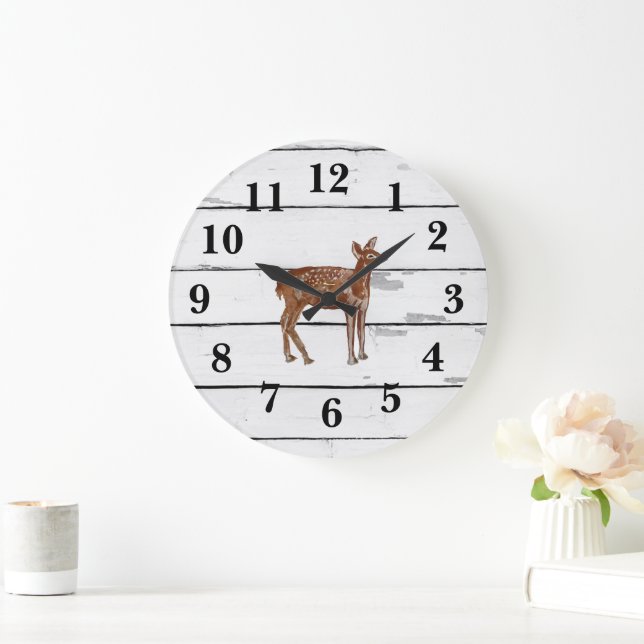 Grande Horloge Ronde Baby Deer Woodland Animal Peinture Shiplap (Maison)