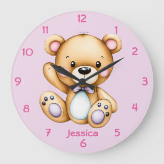 Grande Horloge Ronde Baby Girl Nursery Décor Teddy sur Arrière - plan r