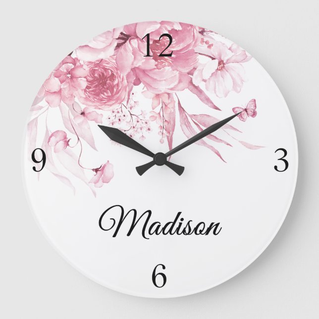 Grande Horloge Ronde Baby Girl Nursery Dutch Art Rose Aquarelle Floral (Recto)