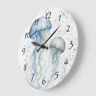 Grande Horloge Ronde Baby-Shower Garçon Méduse Bleu Poussiéreux