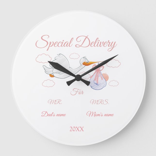 Grande Horloge Ronde Baby shower, Nouveau cadeau de naissance - Nom per (Recto)
