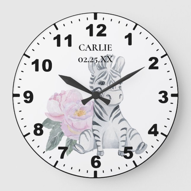 Grande Horloge Ronde Baby Zebra Fleurs roses Baby Girl (Recto)