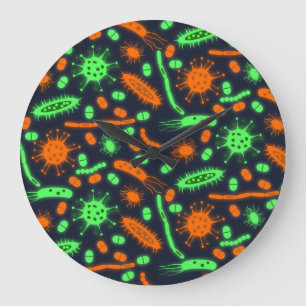 Grande Horloge Ronde Bactérie lumineuse Micro-organisme orange vert tox