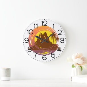 Grande Horloge Ronde Badge avec paysage volcanique tropical et palmiers