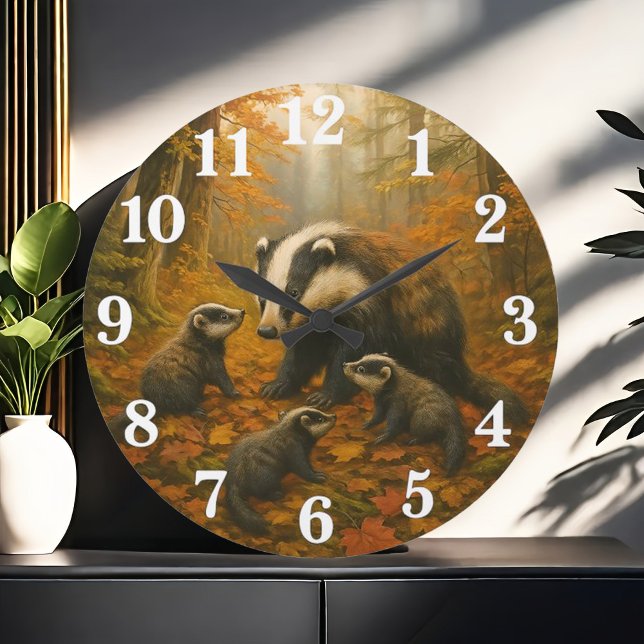Grande Horloge Ronde Badger family in autumn woods (Créateur téléchargé)