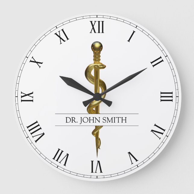 Grande Horloge Ronde Baguette Médicale d'Asclepius Gold sur blanc (Recto)