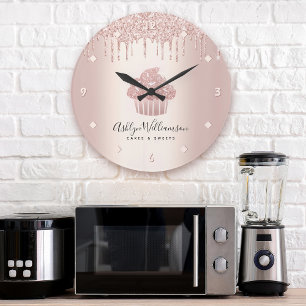 Grande Horloge Ronde Bakery Cupcake Pastry Chef Rose Gold Glitter Drips