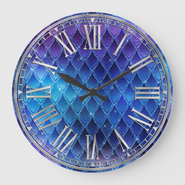 Grande Horloge Ronde Balances Dragon Bleues et Argent (Recto)