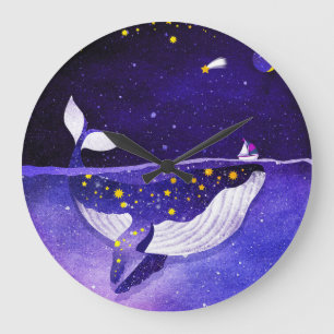 Grande Horloge Ronde Baleine magique : Nuit Océanique Noire