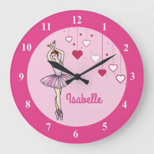 Grande Horloge Ronde Ballerina avec Robe Rose et Chaussures Pointe Toe
