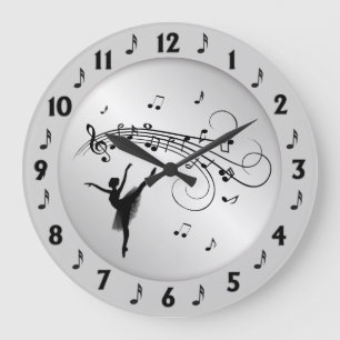 Grande Horloge Ronde Ballerina Dancing with Music Notes Argent