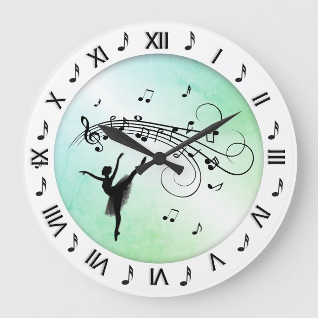 Grande Horloge Ronde Ballerina Dancing with Music Notes Vert (Recto)